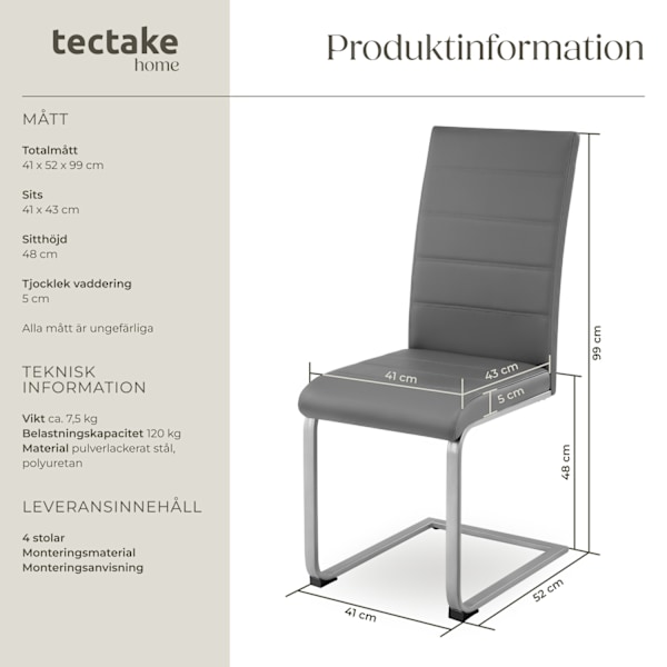 tectake Köksstolar Bettina -  Uppsättning om 4 grå