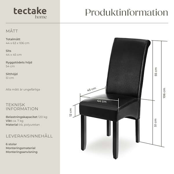 tectake Ergonomisk matstol i robust trä -  Uppsättning om 6 Svart