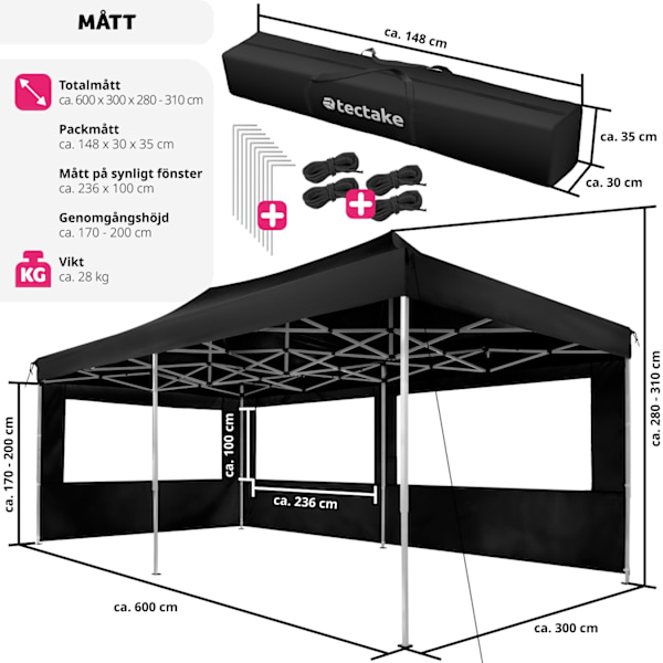 tectake Hopfällbart partytält Viola 3x6 m med 2 sidodelar Svart