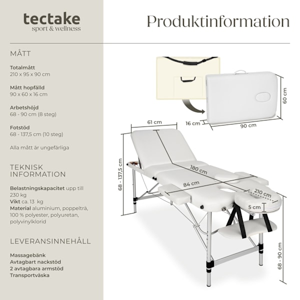 tectake 3-zons massagebänk, 5 cm stoppning och aluminiumram Vit