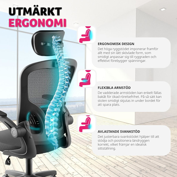 tectake Skrivbordsstol Arges, ergonomisk med justerbart nackstöd Svart