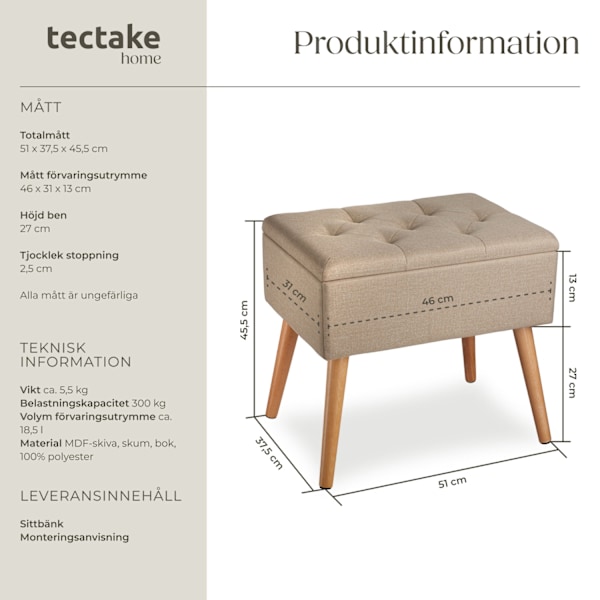 tectake Sittpall med förvaring Ranya, kapacitet för 300kg Sand
