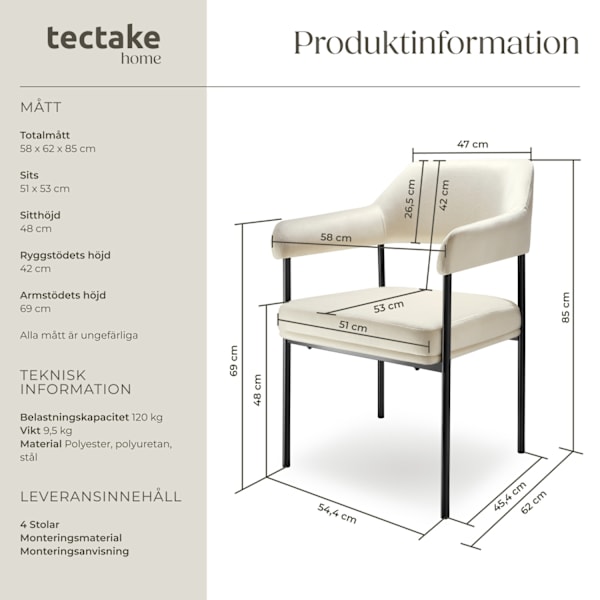 tectake Fåtölj Doé, stoppad, stålben -  Uppsättning om 4 sammet ser benvit ut