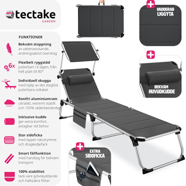 tectake Solstol Lorella, vadderad, hopfällbar grå