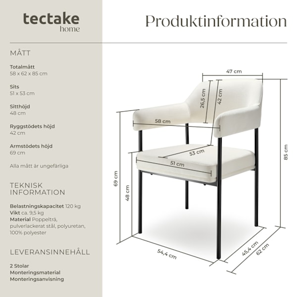 tectake Fåtölj Doé, stoppad, stålben -  Uppsättning av 2 Vävt tyg benvitt/svart