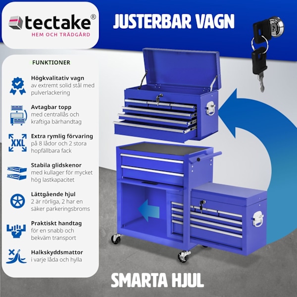 tectake Verktygsvagn med överskåp 10 lådor Blå