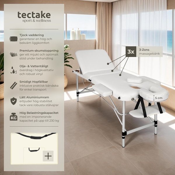 tectake 3-zons massagebänk med 5 cm stoppning och aluminiumram Vit