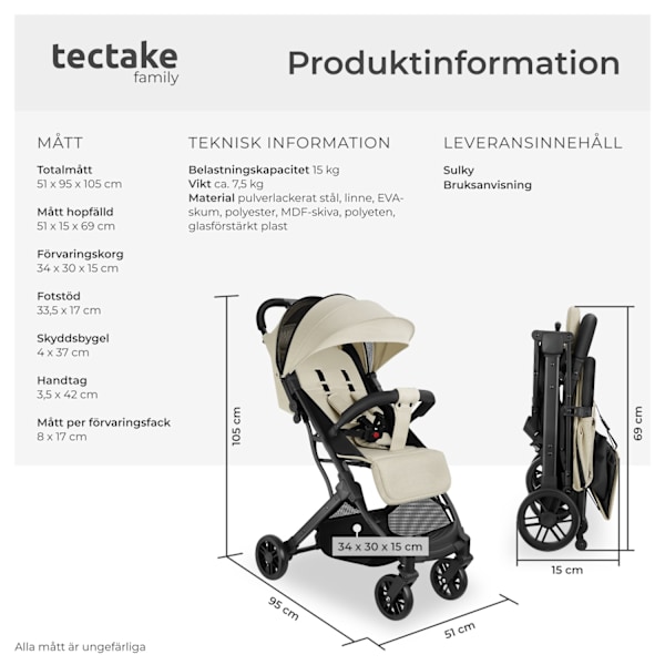 tectake Hopfällbar barnvagn Finn med 5-punktsbälte Beige
