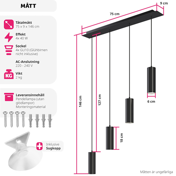 tectake Taklampa Lumea, 4-glödlampor, längdjusterbara kablar Svart