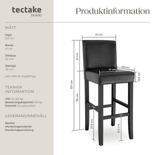 tectake Barstol i konstläder -  per styck Svart