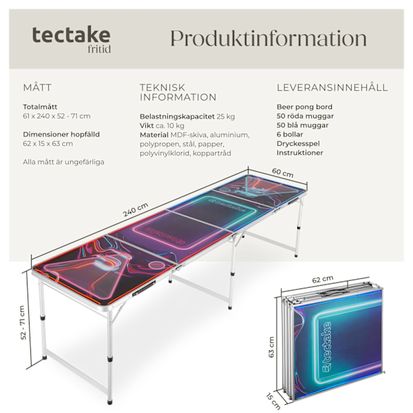 tectake Beerpongbord BeerWars I, LED-belysning, inkl. kortspel multifärg