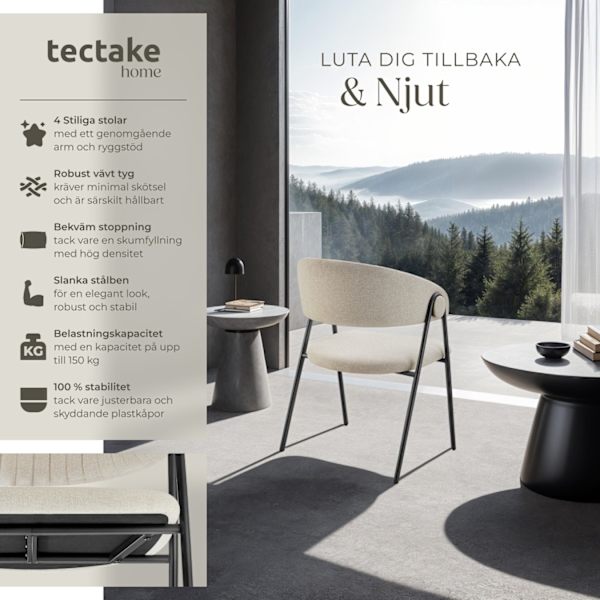 tectake Bedano fåtölj, stoppad, väv, 150 kg -  Uppsättning om 4 greige