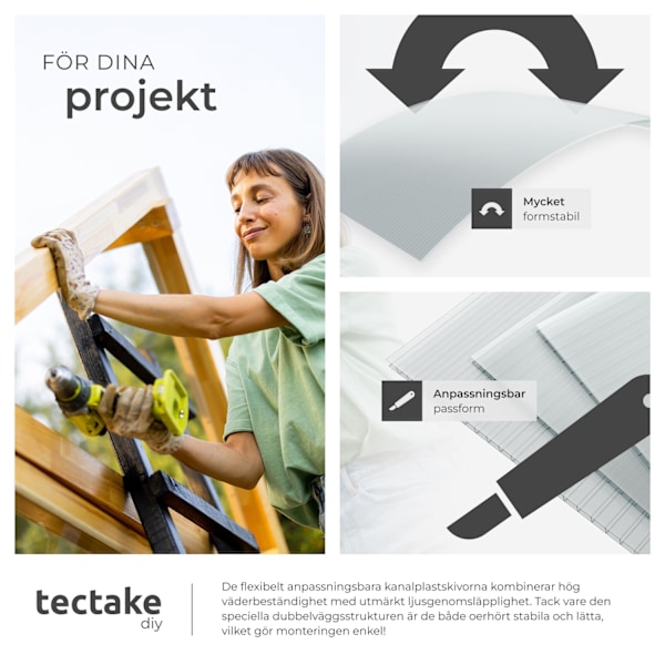 tectake 10 kanalplastskivor Shiny av polykarbonat, kapningsbara - 121 x 60,5 x 0,38 cm Transparent