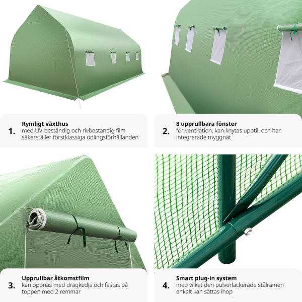 tectake Plastväxthus tält med 8 fönster 600x300x205cm Grön