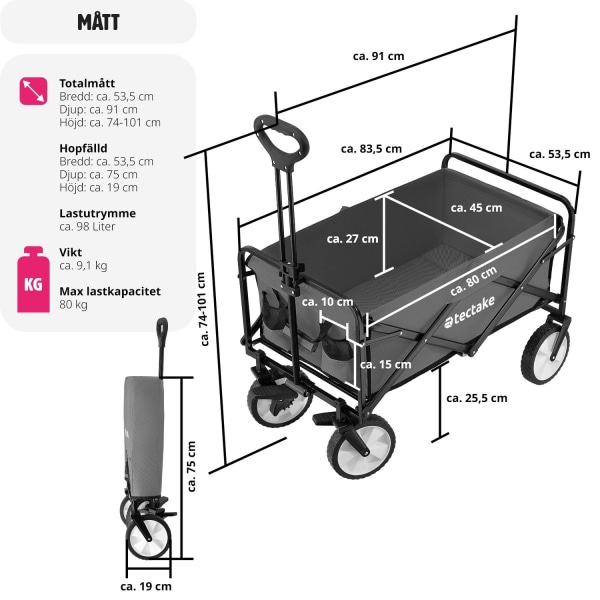 tectake Hopfällbar skrinda Leon med bromsar, lastkapacitet 80kg grå
