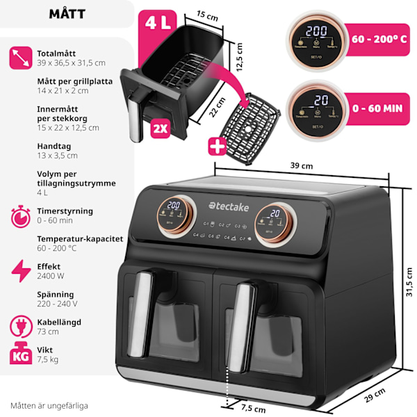 tectake Airfryer Samurai, 2 kokkammare, 7 program, 2400W Svart