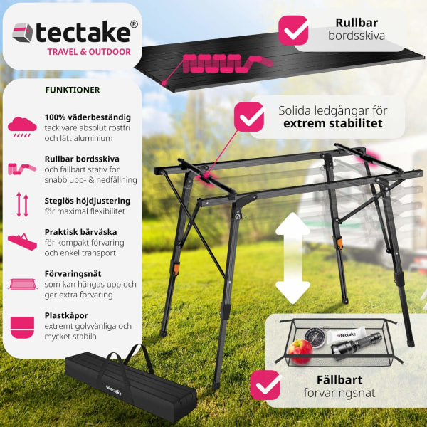 tectake Campingbord Tina i aluminium , hopfällbart, höj- och sän Svart