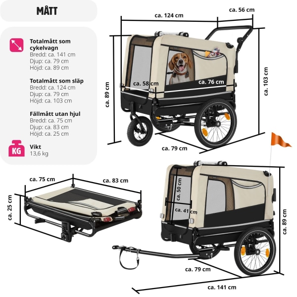 tectake Hundvagn WoofRider multifunktionell, hopfällbar, upp till 40 kg Beige