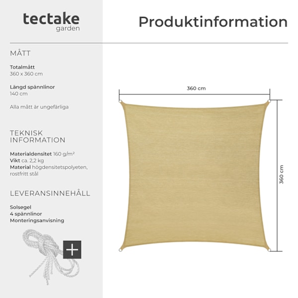 tectake Solsegel i polyeten kvadratiskt, beige - 360 x 360 cm Beige