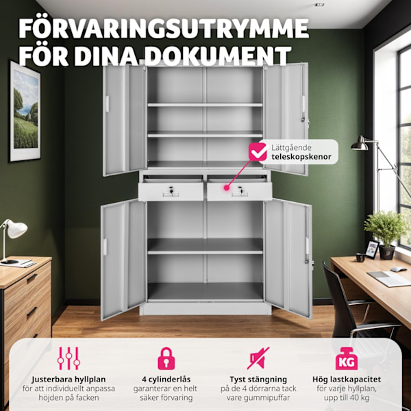 tectake Arkivskåp Cosmo med 2 dörrar 40x80x180 cm, låsbar Ljusgrå
