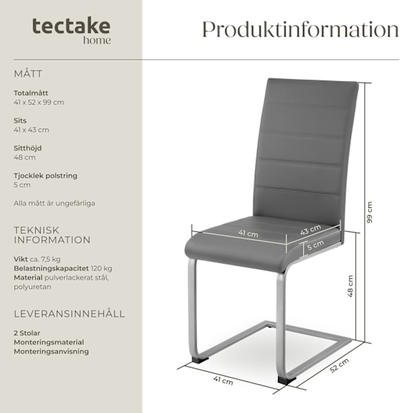 tectake Köksstolar Bettina -  Uppsättning av 2 grå