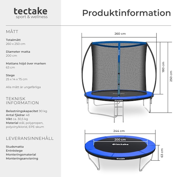 tectake Studsmatta Jumpy med skyddsnät - 244 cm Blå