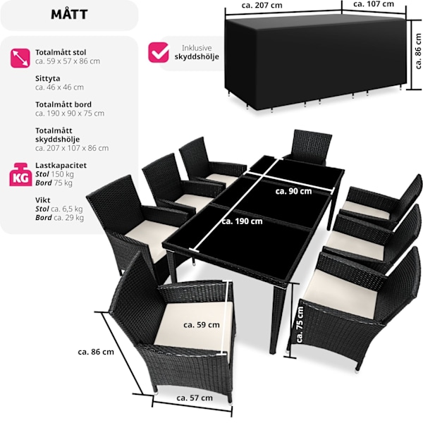 tectake Matgrupp Menorca i konstrotting Svart