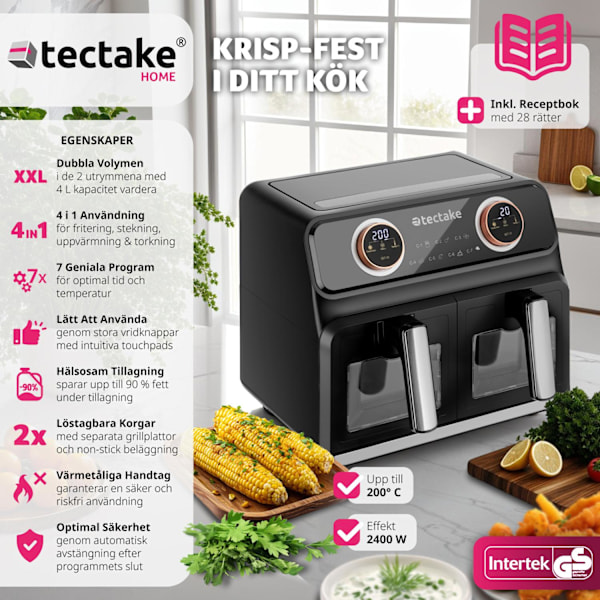 tectake Airfryer Samurai, 2 kokkammare, 7 program, 2400W Svart