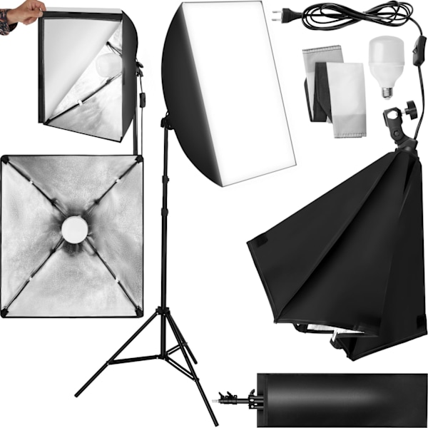 tectake Studiolampa med softbox, stativ och väska Svart