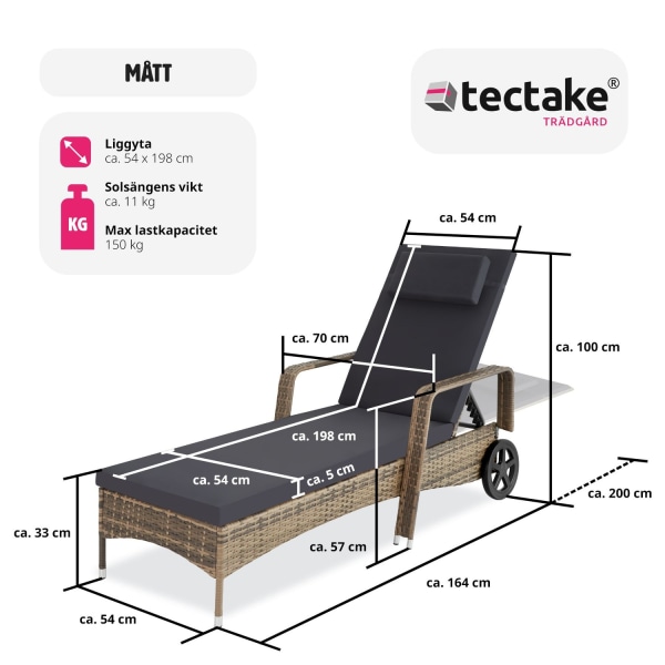 tectake Solsäng i konstrotting med hjul Mörkgrå