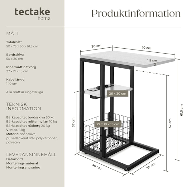 tectake Datorbord Rhea, C-form, med laddstation Vit