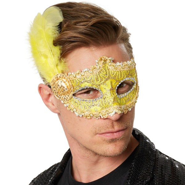 tectake Venetiansk mask med fjädrar på sidorna Gul