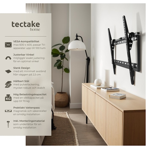 tectake Väggfäste för 32-100 tum lutbar Svart