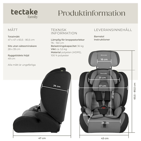 tectake Bilbarnstol Sophie med sidokrockskydd Mörkgrå