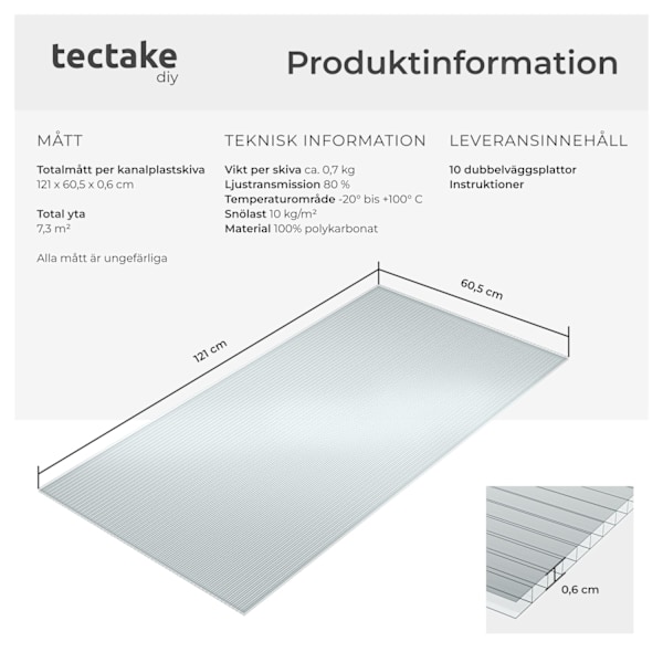 tectake 10 kanalplastskivor Shiny av polykarbonat, kapningsbara - 121 x 60,5 x 0,6 cm Transparent