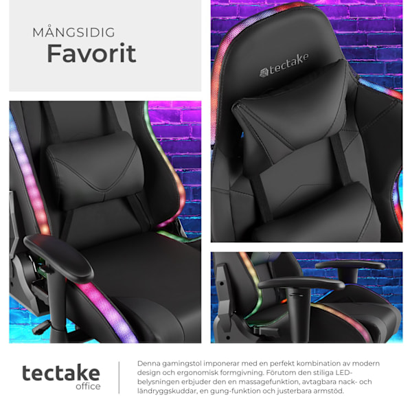 tectake Gamingstol Tartaros, LED, massagefunktion Svart