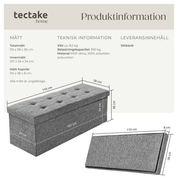 tectake Hopfällbar sittbänk med förvaringsutrymme 110 x 38 cm Ljusgrå