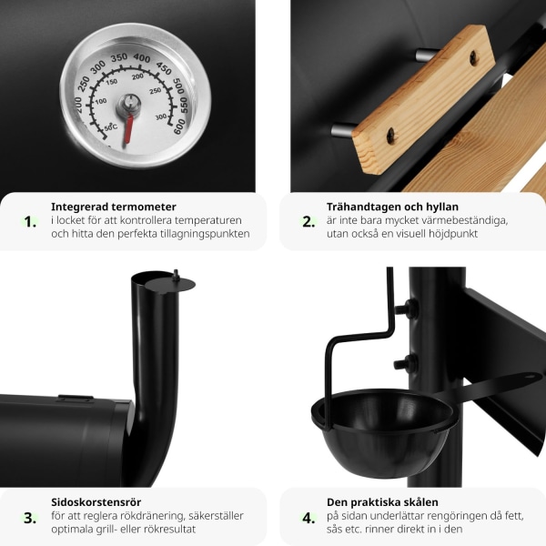tectake Kolgrill med lock och värmeställ, inklusive temperaturvi Svart