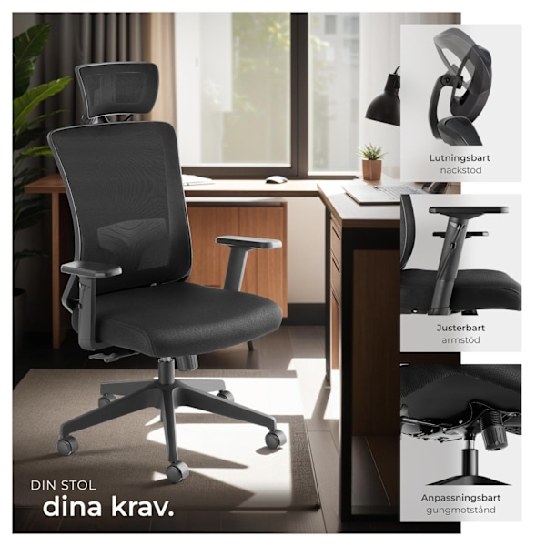 tectake Kontorsstol Phoibe, ergonomisk med justerbart nackstöd Svart