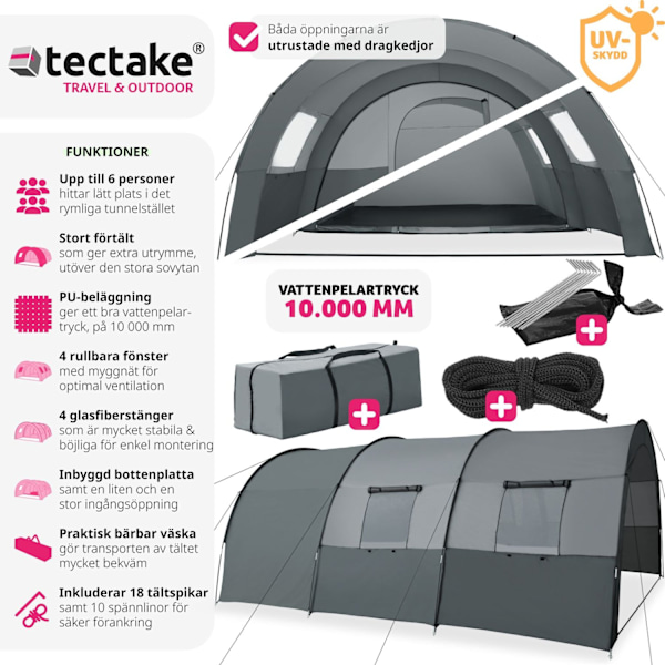 tectake Tunneltält Festivaltält Roskilde för 6 personer Ljusgrå