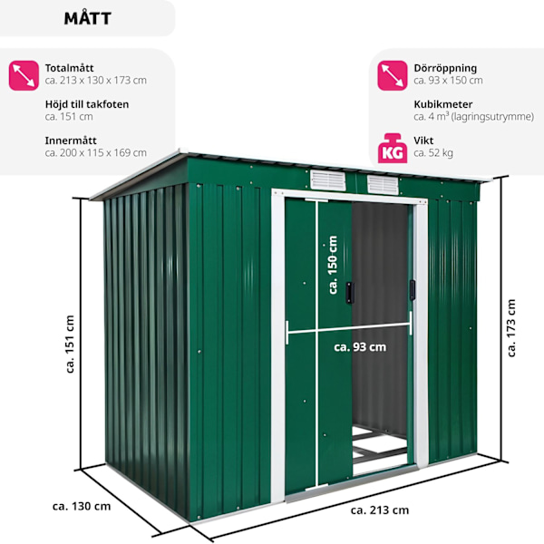 tectake Redskapsbod med snedtak 213x130x173cm Grön