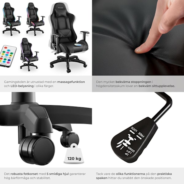 tectake Gamingstol Tartaros, LED, massagefunktion Svart