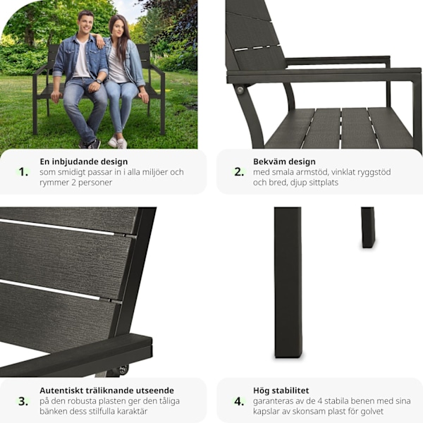 tectake Trädgårdsbänk Line 2-sits med aluminiumram 128x59x88cm Mörkgrå
