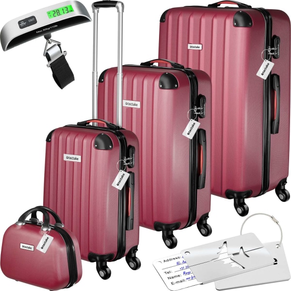 tectake Resväskeset Cleo, 4 resväskor med bagagevåg och taggar Vin, röd