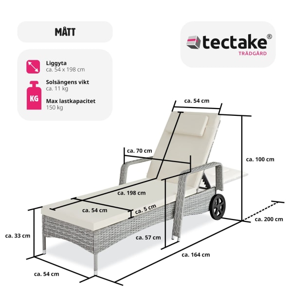 tectake Solsäng i konstrotting med hjul Ljusgrå