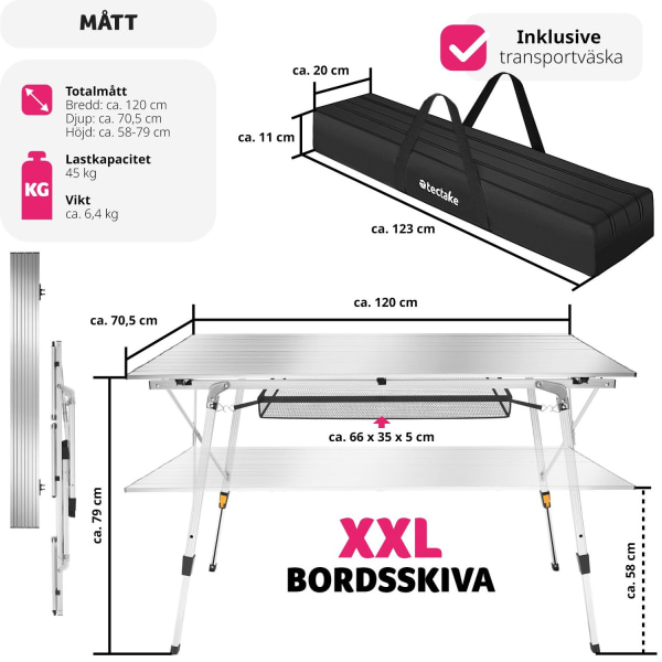 tectake Campingbord i aluminium, höj- och sänkbart, hopfällbart Silver