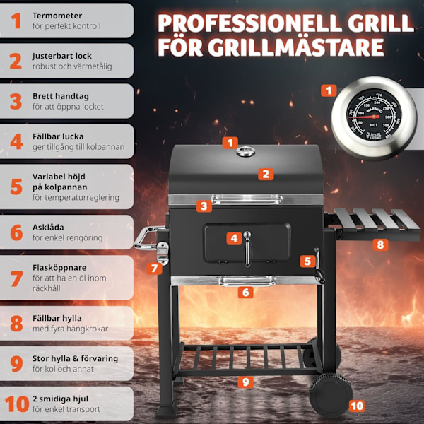 tectake Kolgrill Florian, höjdjusterbar med värmegaller, med termometer Svart