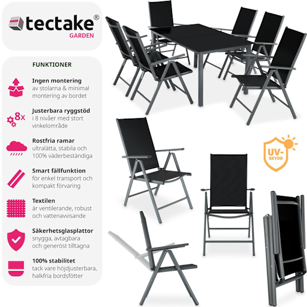 tectake Matgrupp i aluminium med 6 stolar Grafitgrå