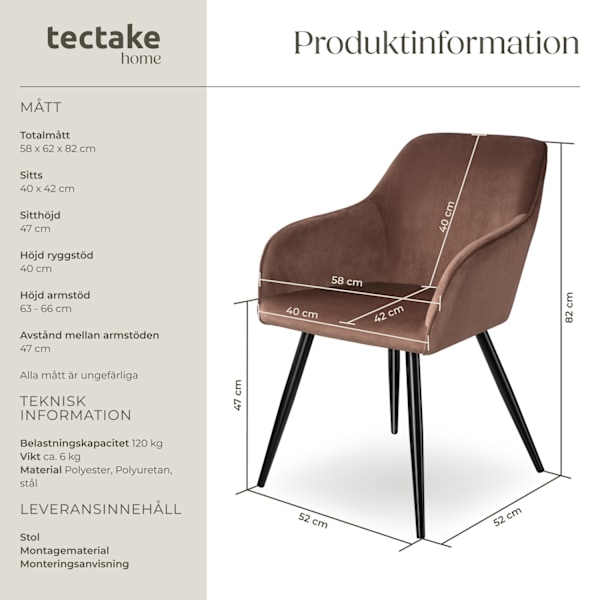 tectake Karmstol Marilyn i sammetstyg -  per styck Svart