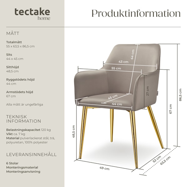 tectake Fåtölj Avane, i sammet, stoppad -  Uppsättning om 6 taupe